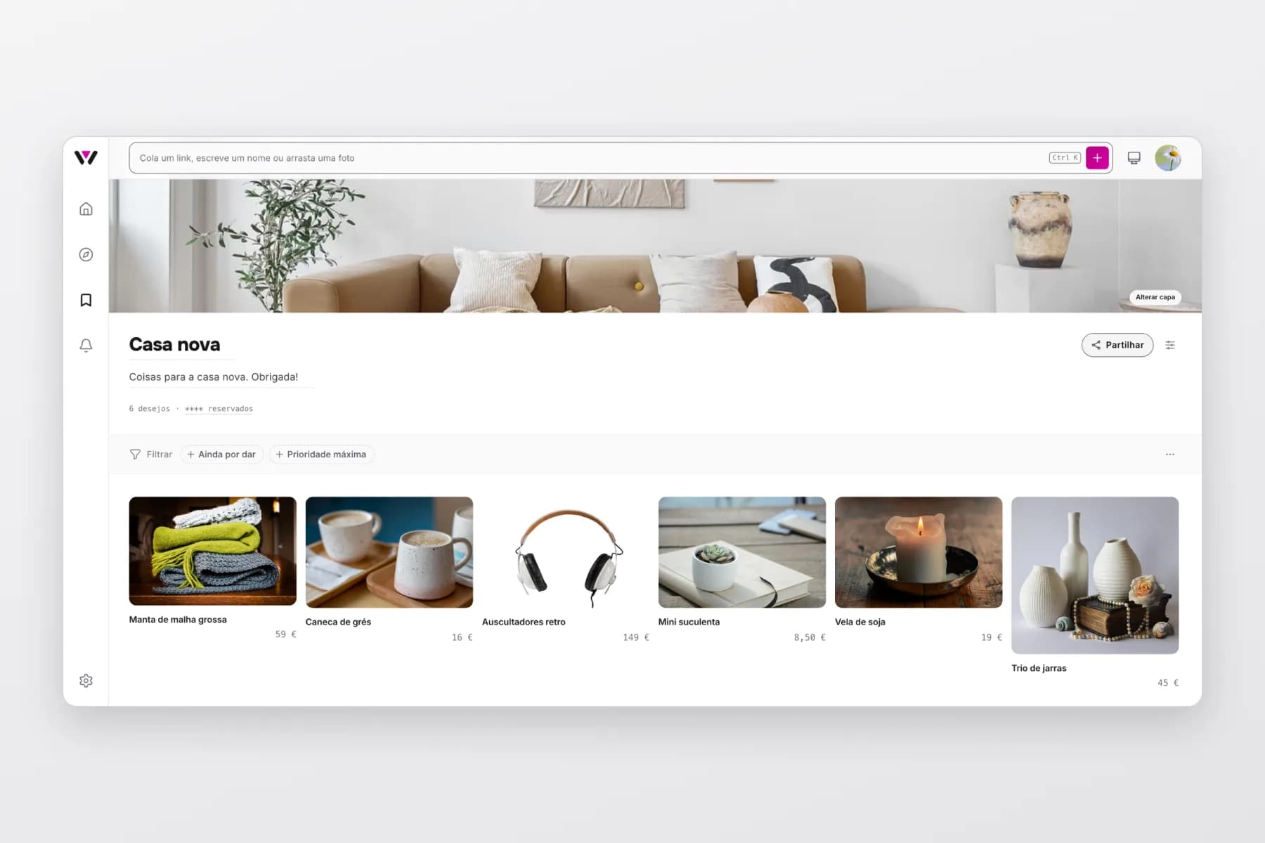 O novo Wishpicks no computador: a lista «Casa nova» com uma sala na capa e uma fila de presentes com preços