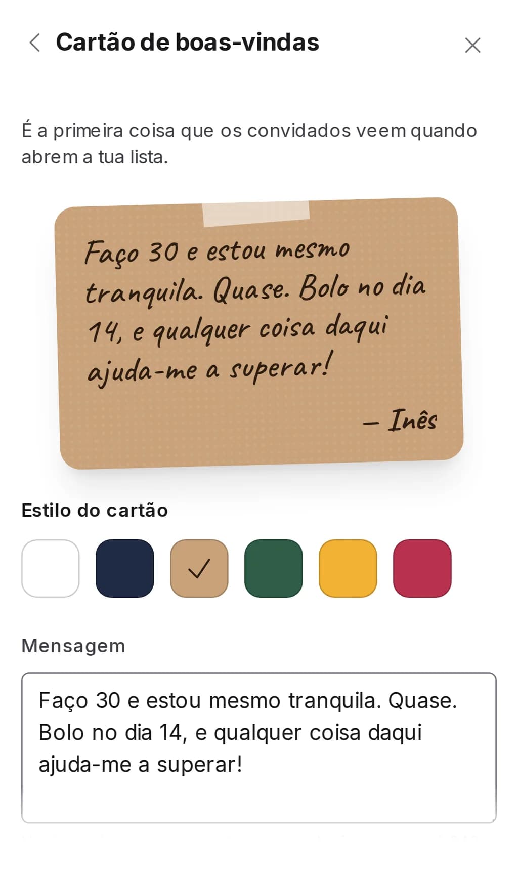 A secção «Cartão de boas-vindas» nas definições de uma lista do Wishpicks num telemóvel: pré-visualização do cartão, seis estilos e o campo da mensagem