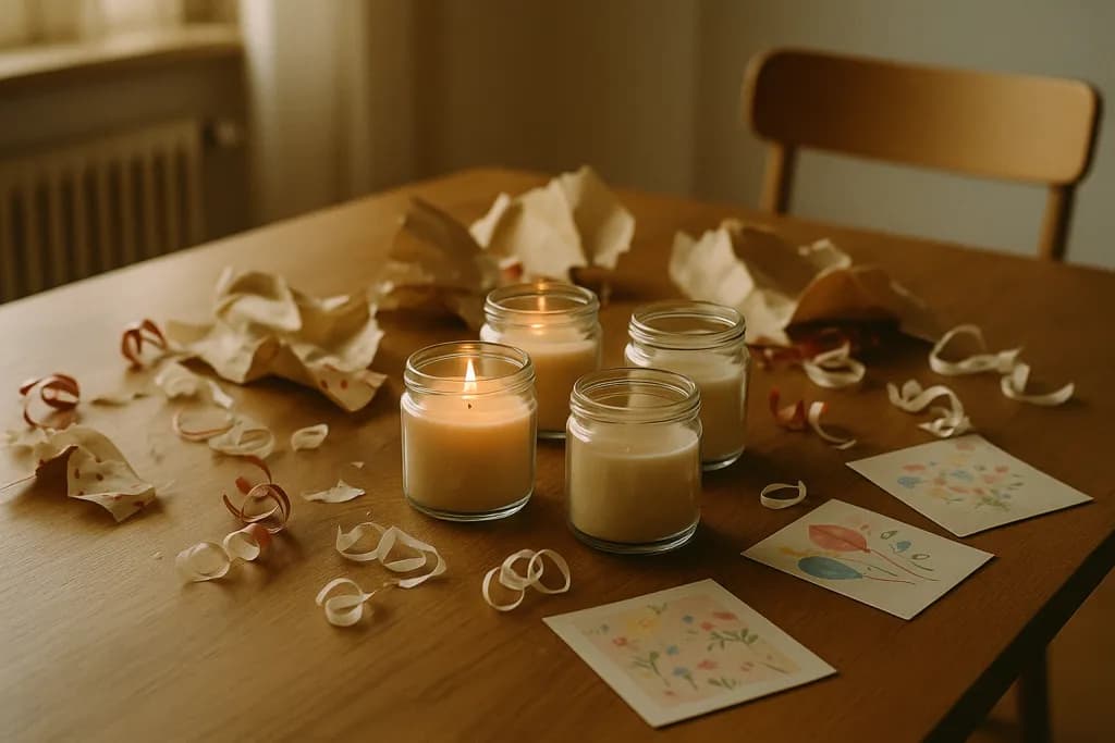 Vier Kerzen in Gläsern auf einem Holztisch, dazwischen zerknittertes Seidenpapier, Geschenkbänder und Glückwunschkarten