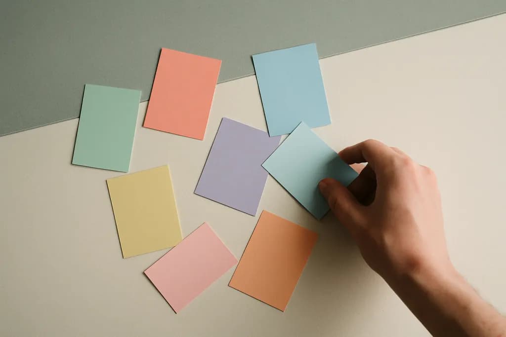 Colorful paper cards spread on a desk with a hand choosing one, representing the choice between different wishlist apps