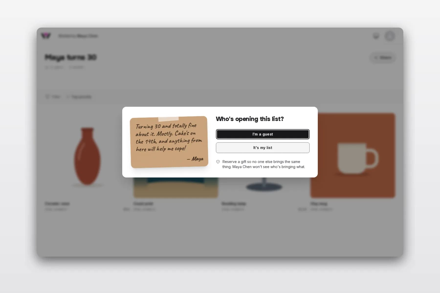 The Wishpicks front door on a computer: a greeting card beside “Who's opening this list?”
