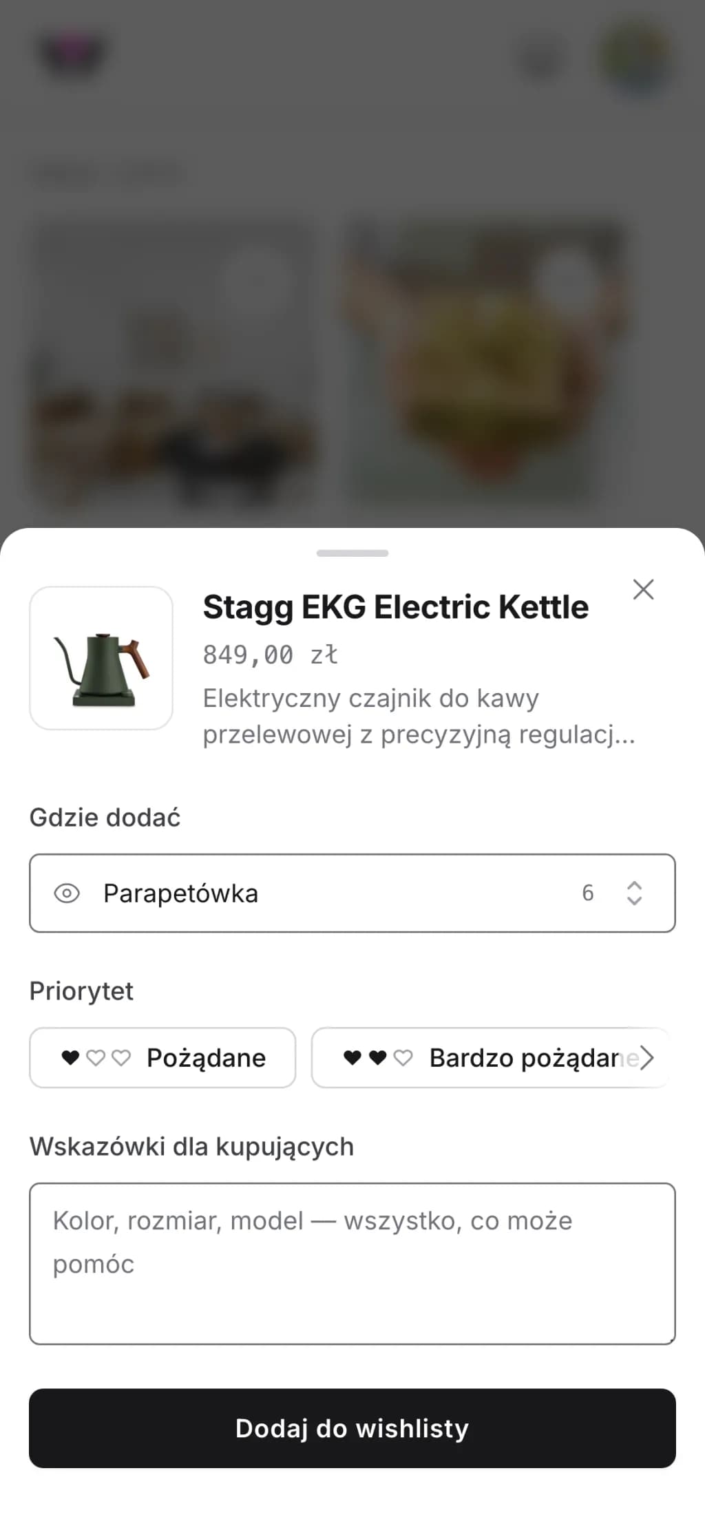 Okno dodawania Wishpicks w telefonie: czajnik elektryczny uzupełniony z wklejonego linku, a jako miejsce docelowe wybrana wishlista „Parapetówka”