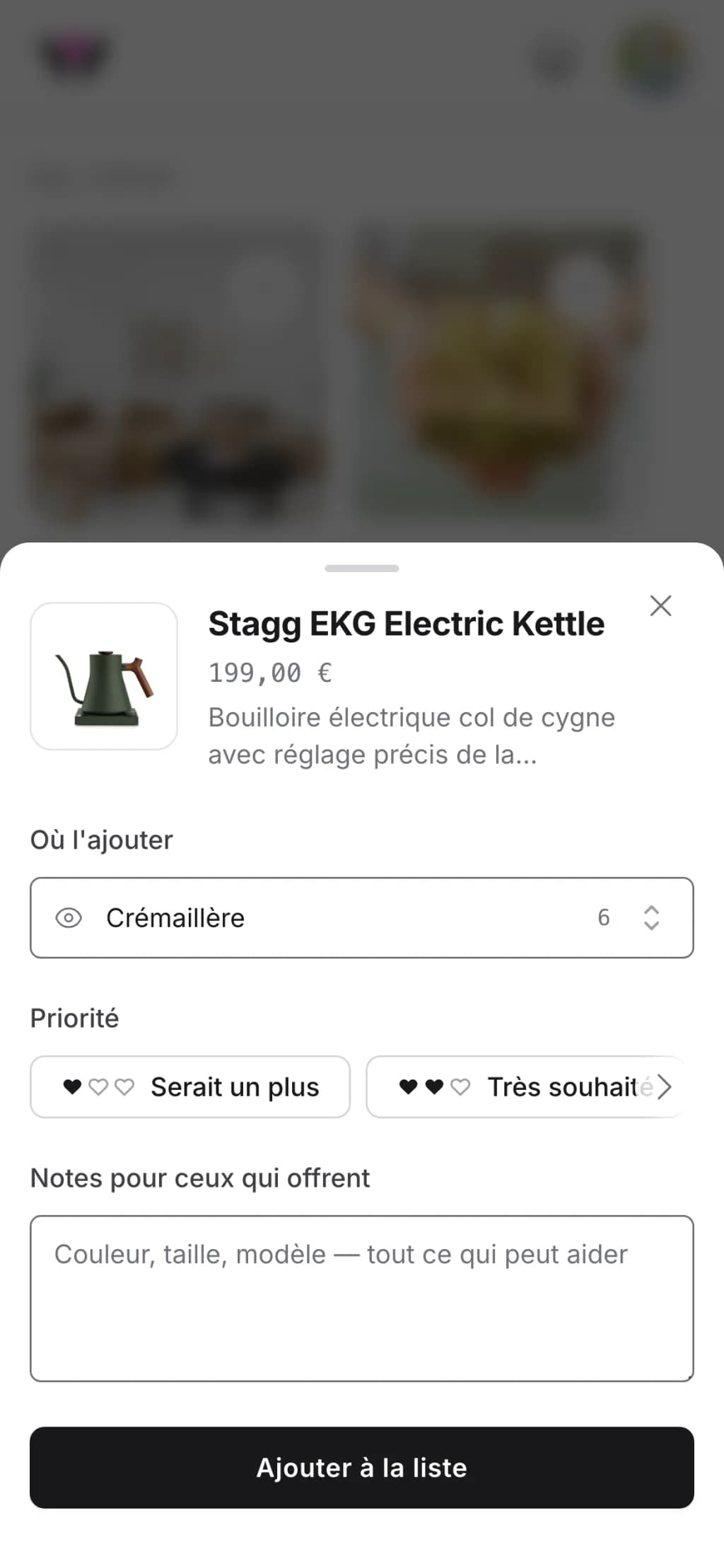 Le panneau d'ajout de Wishpicks sur un téléphone, avec une bouilloire remplie à partir d'un lien collé et la liste d'envies « Crémaillère » choisie comme destination