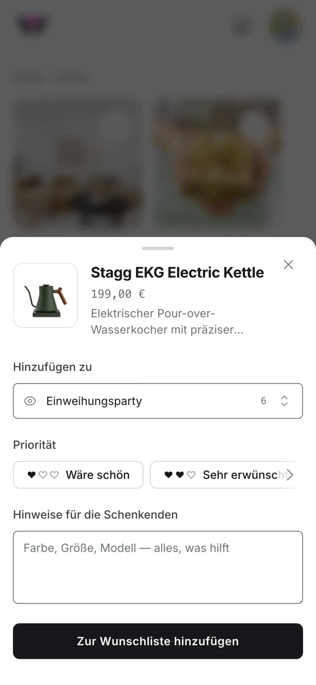 Das Hinzufügen-Fenster von Wishpicks auf dem Handy: ein Wasserkocher, per eingefügtem Link ausgefüllt, als Ziel ist die Wunschliste „Einweihungsparty“ gewählt
