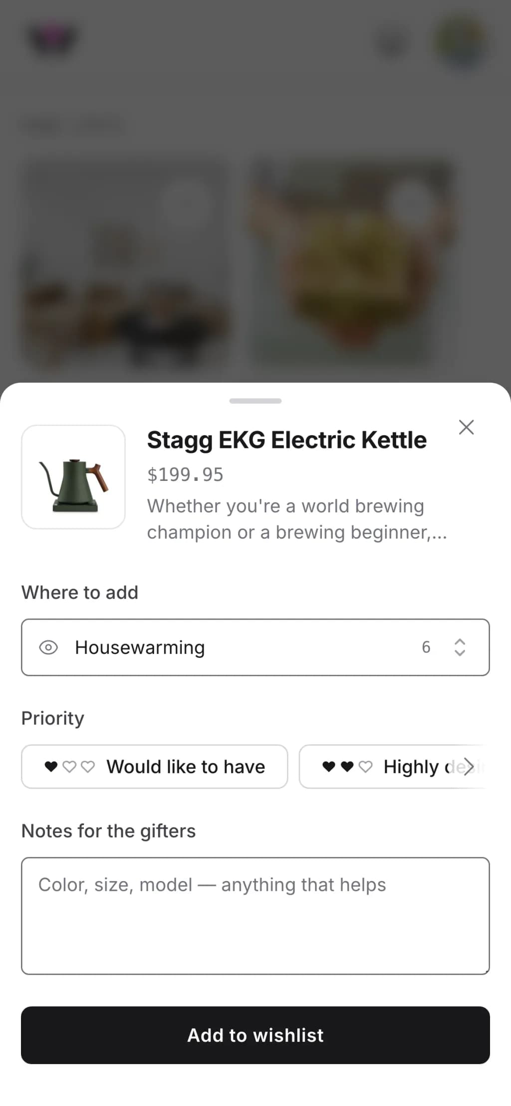 The Wishpicks add sheet on a phone: a kettle filled in from a pasted link, with the Housewarming wishlist chosen as its destination