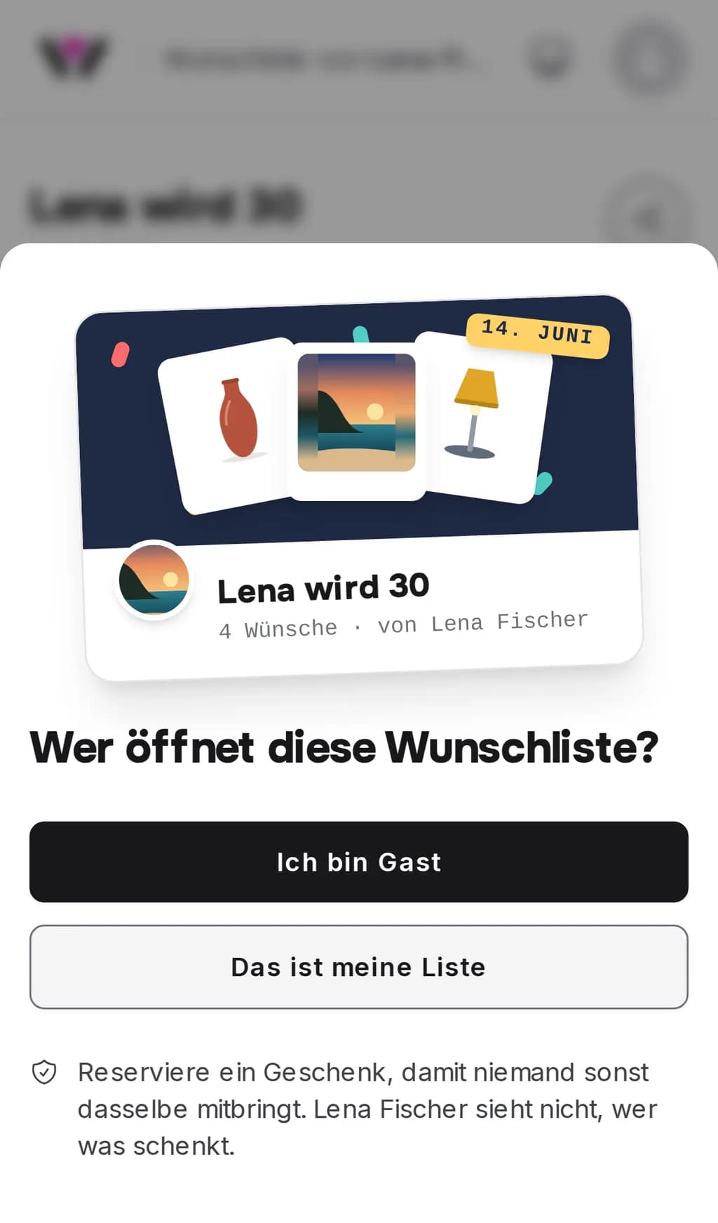 Der Eingang einer Wishpicks-Wunschliste auf dem Handy: eine Karte aus Titel und Fotos der Liste über der Frage „Wer öffnet diese Wunschliste?“ und den Buttons „Ich bin Gast“ und „Das ist meine Liste“