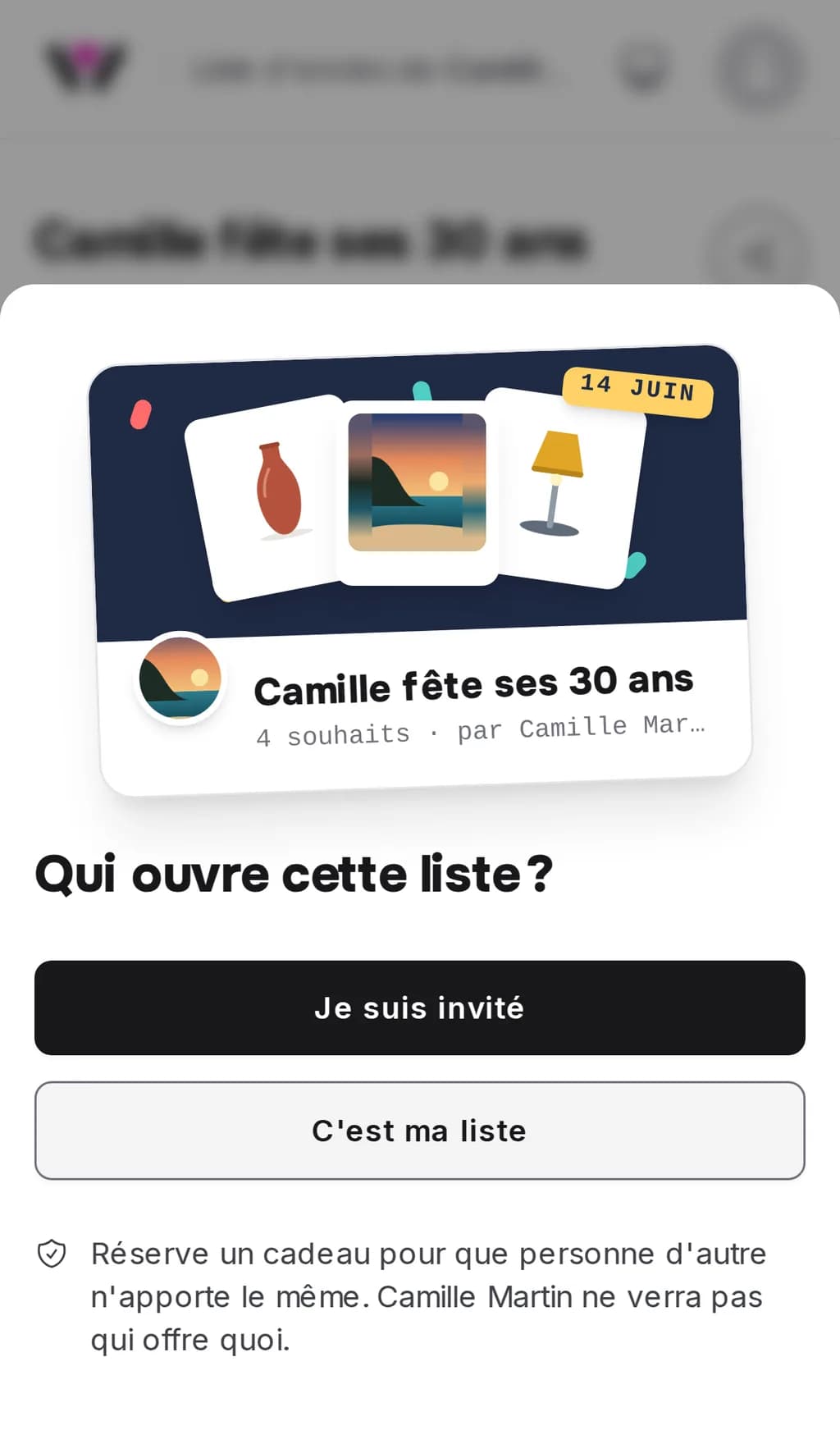 L'entrée d'une liste Wishpicks sur un téléphone, avec une carte faite du titre et des photos de la liste au-dessus de la question « Qui ouvre cette liste ? » et des boutons « Je suis invité » et « C'est ma liste »