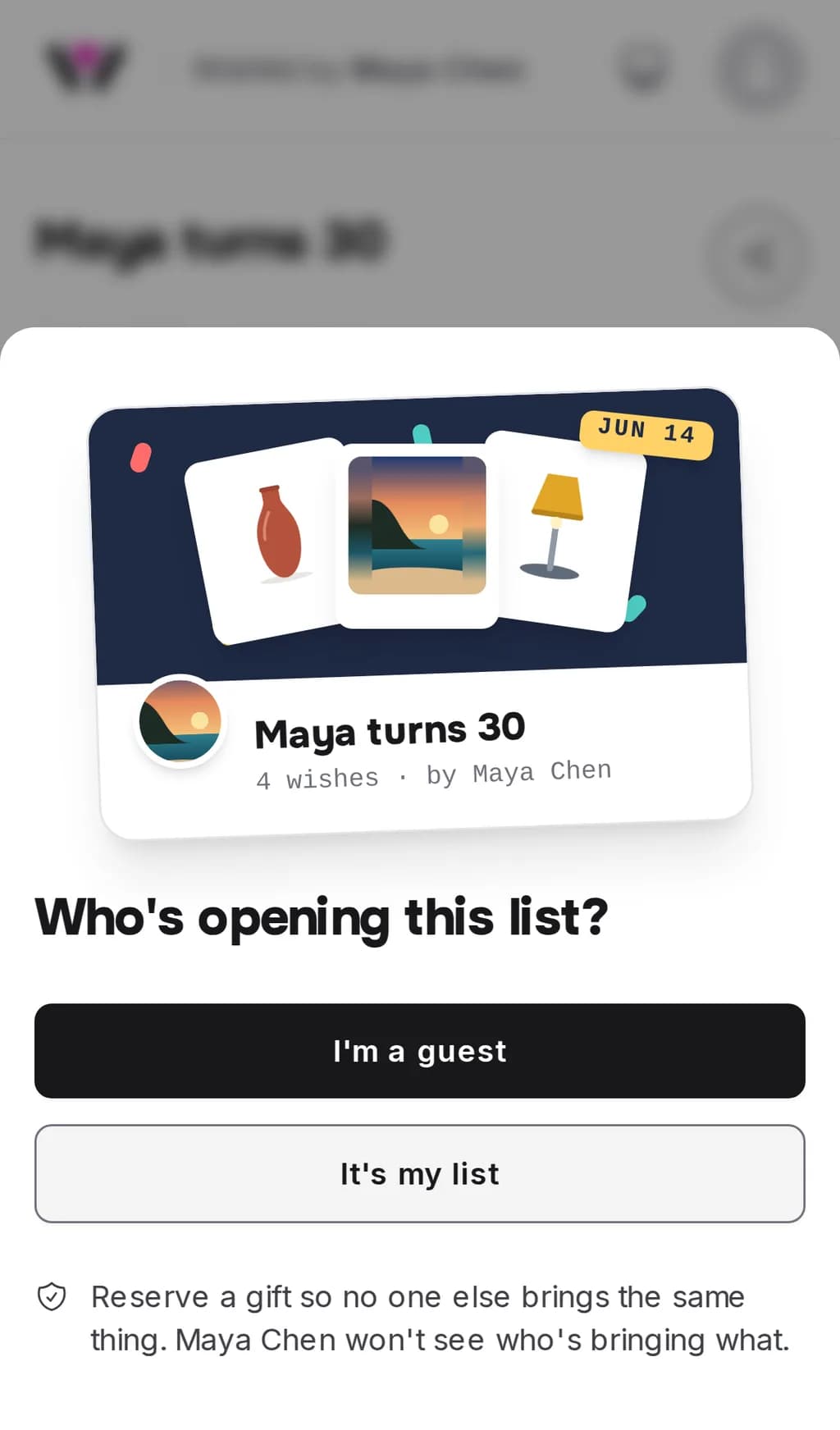 The Wishpicks front door on a phone: a card made from the list's title and photos above the question “Who's opening this list?” and the buttons “I'm a guest” and “It's my list”