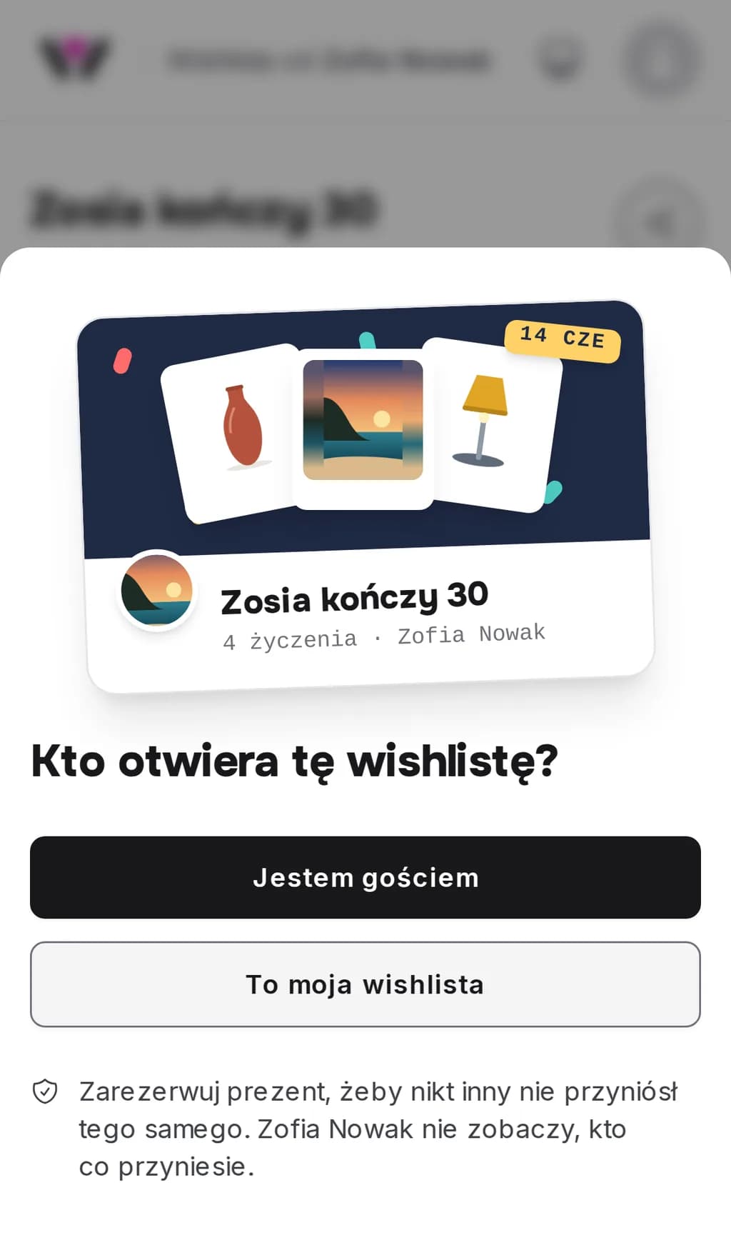 Wejście do wishlisty Wishpicks w telefonie: karta z nazwą i zdjęciami listy, pod nią pytanie „Kto otwiera tę wishlistę?” i przyciski „Jestem gościem” oraz „To moja wishlista”
