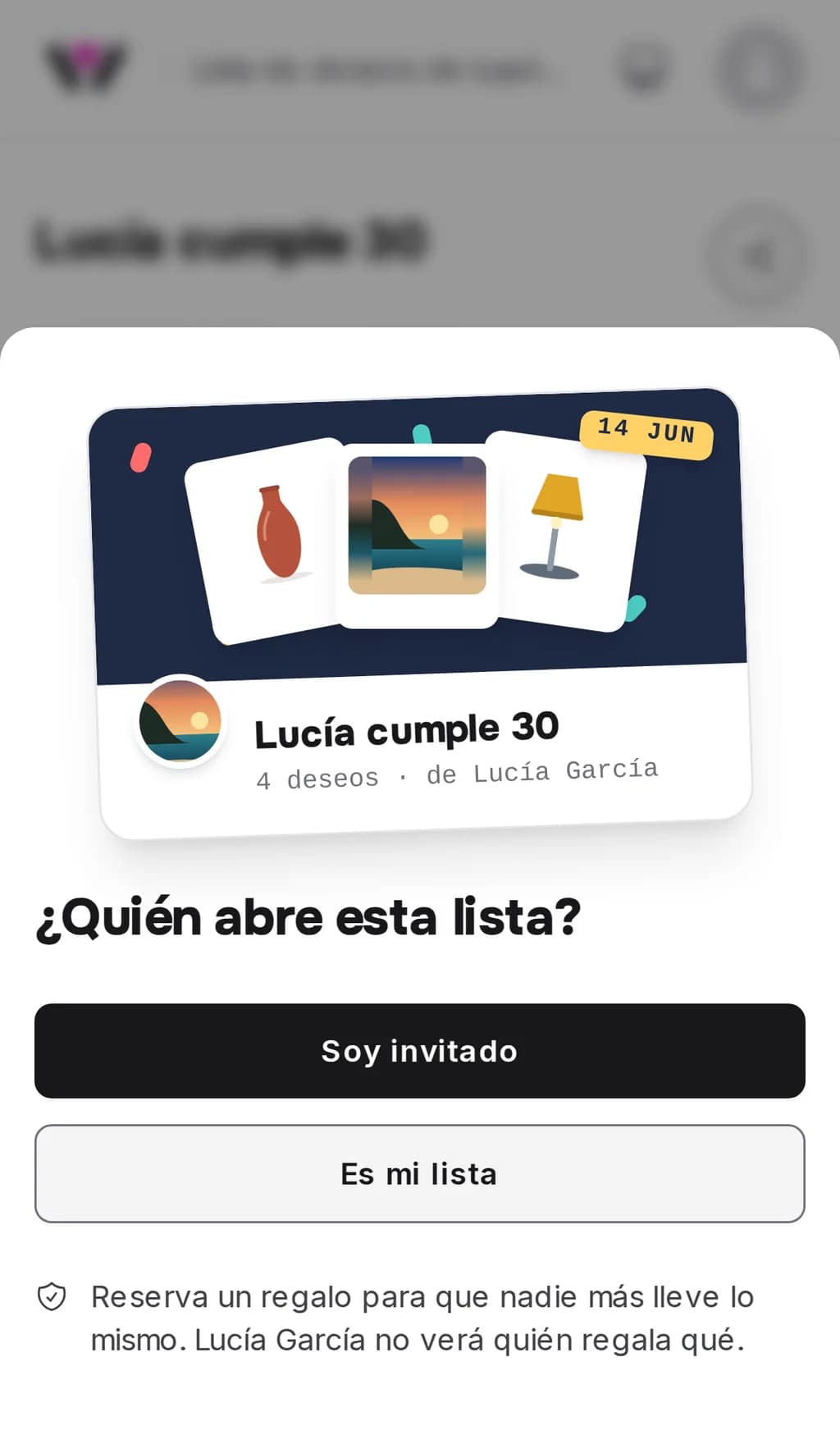 La entrada de una lista de Wishpicks en el móvil: una tarjeta hecha con el título y las fotos de la lista sobre la pregunta «¿Quién abre esta lista?» y los botones «Soy invitado» y «Es mi lista»
