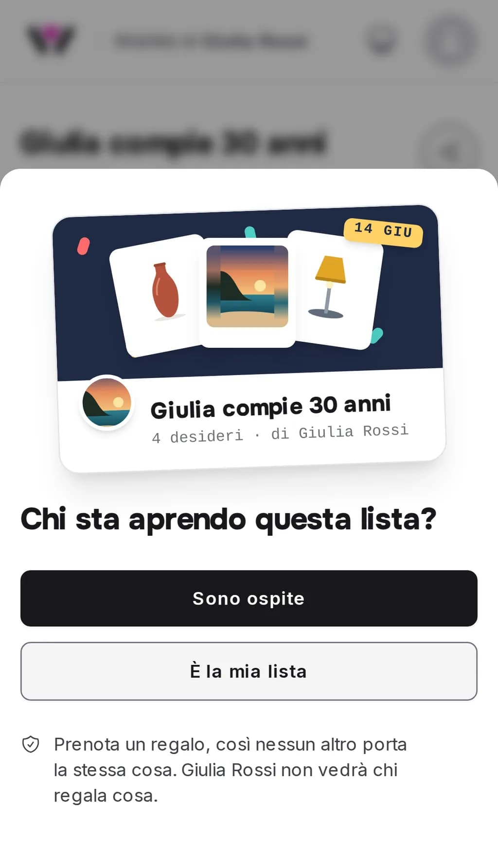 L'ingresso di una lista Wishpicks su un telefono: una scheda con il titolo e le foto della lista sopra la domanda «Chi sta aprendo questa lista?» e i pulsanti «Sono ospite» ed «È la mia lista»