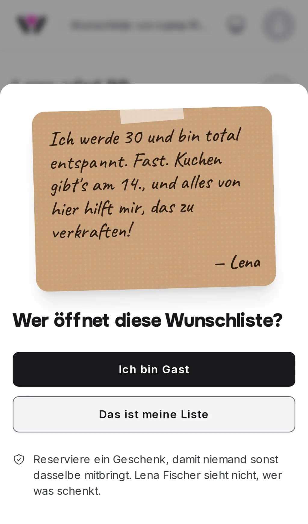 Der Eingang einer Wunschliste auf dem Handy mit einer Grußkarte in Handschrift, unterschrieben mit einem Vornamen