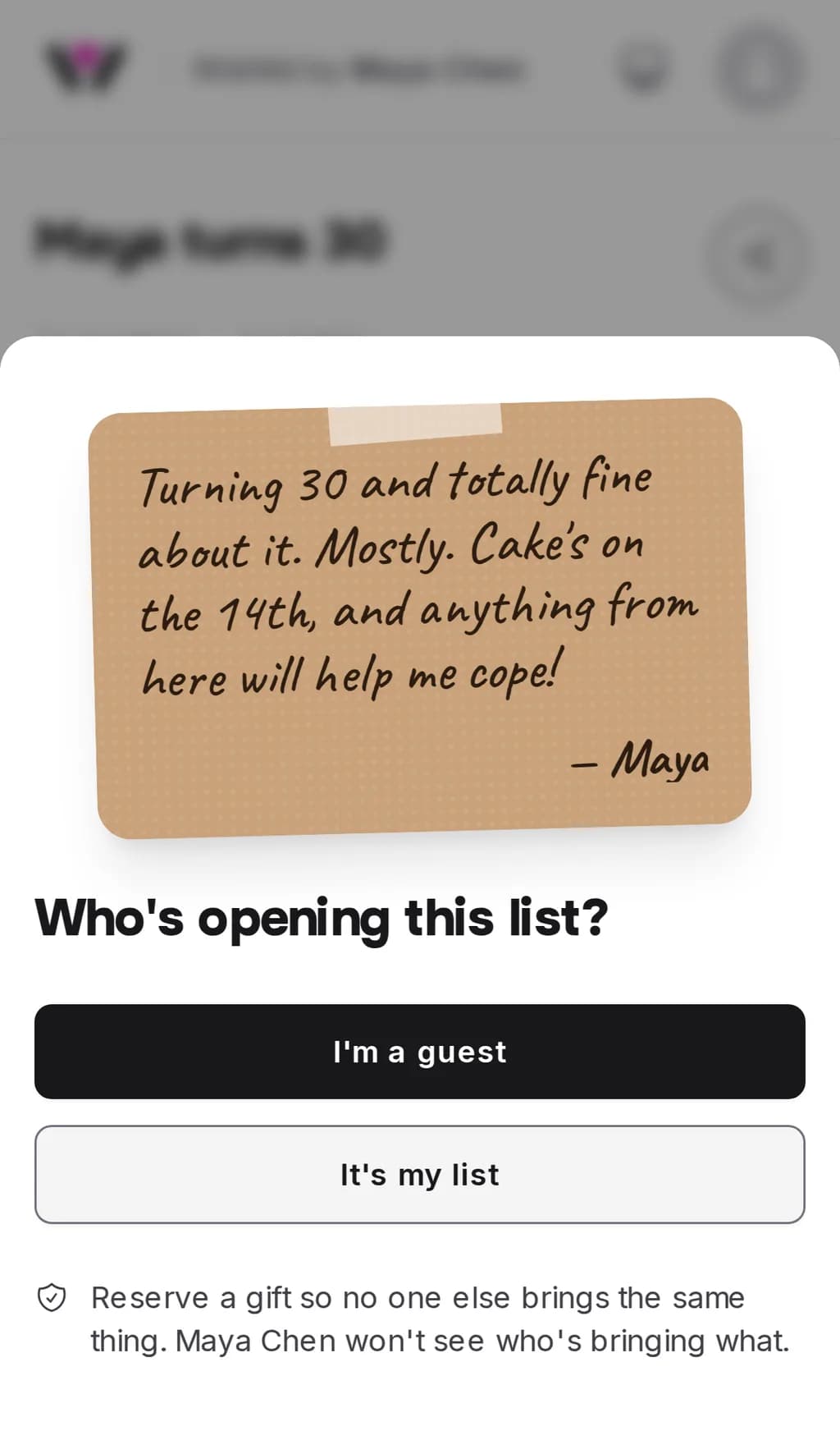 A wishlist's front door on a phone showing the owner's greeting card in handwritten lettering, signed with a first name