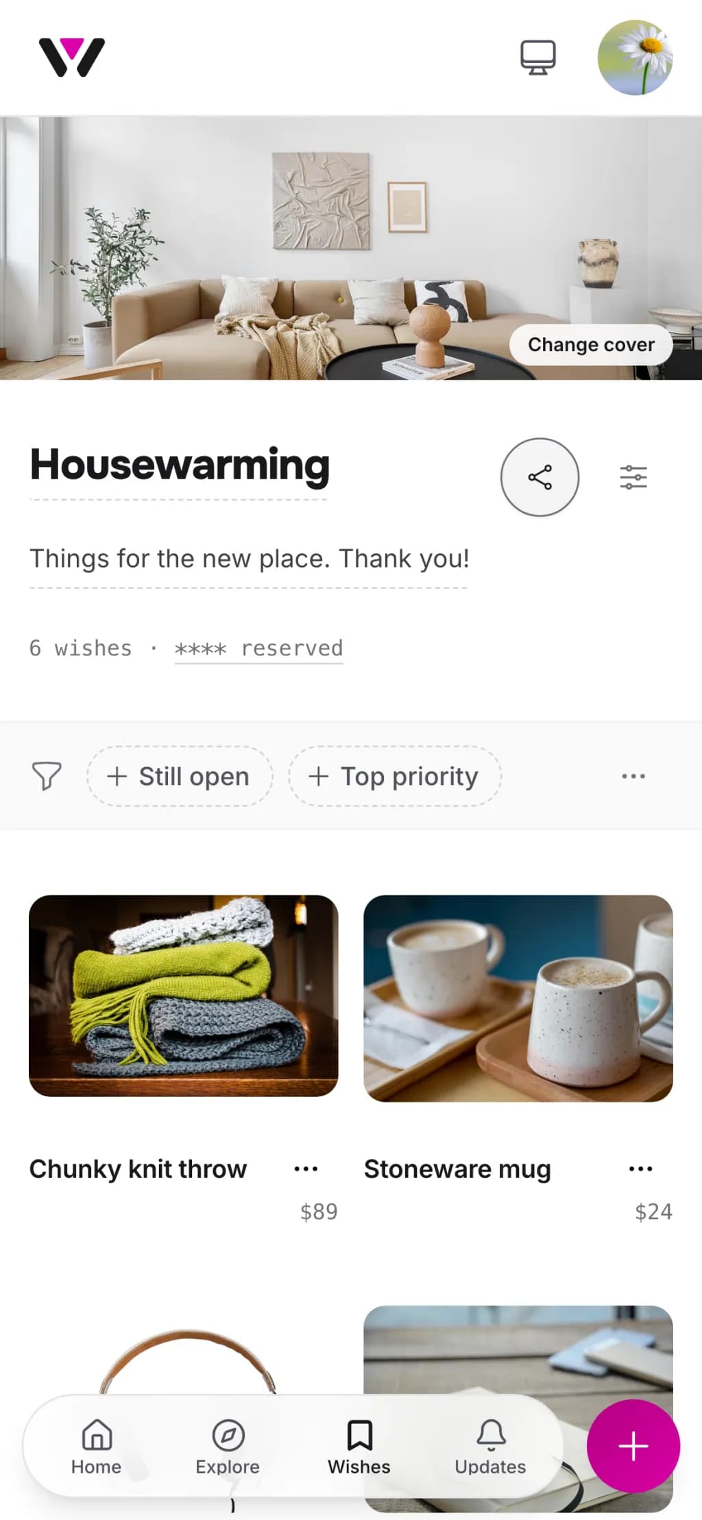 A Housewarming wishlist on a phone with a living-room cover photo above a grid of wishes with prices