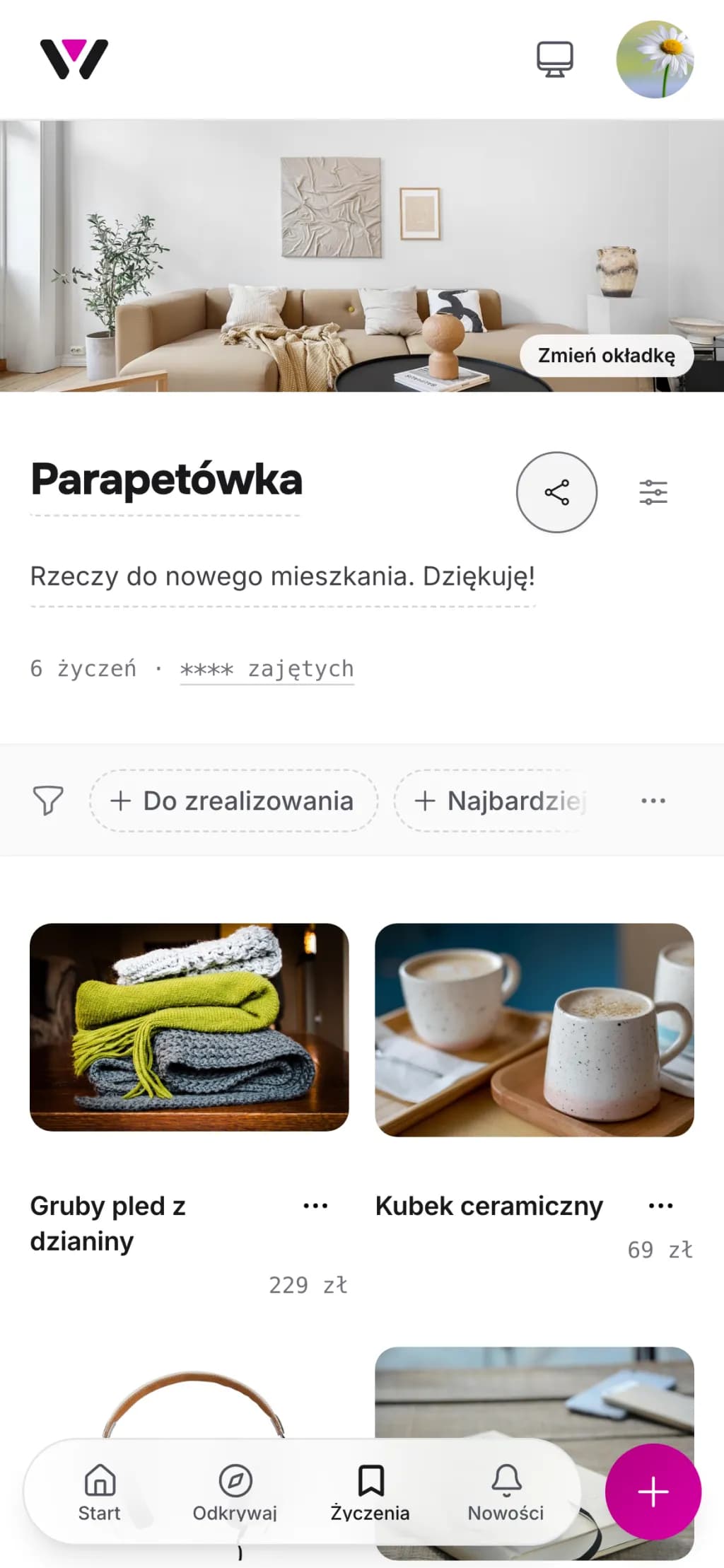 Wishlista „Parapetówka” w telefonie: okładka ze zdjęciem salonu nad siatką życzeń z cenami