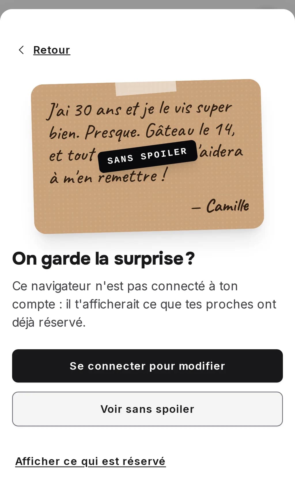 L'étape « On garde la surprise ? » sur un téléphone, avec la carte de bienvenue tamponnée « Sans spoiler » au-dessus des boutons « Se connecter pour modifier », « Voir sans spoiler » et « Afficher ce qui est réservé »