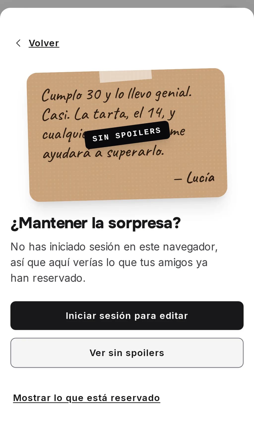 El paso «¿Mantener la sorpresa?» en el móvil: la tarjeta de bienvenida de la lista con el sello «Sin spoilers» sobre los botones «Iniciar sesión para editar», «Ver sin spoilers» y «Mostrar lo que está reservado»