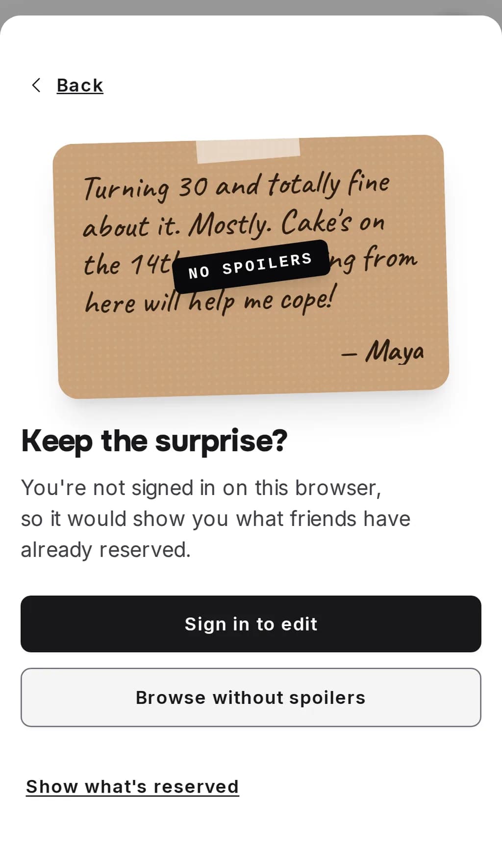 The “Keep the surprise?” step on a phone: the owner's greeting card stamped “No spoilers” above the buttons “Sign in to edit”, “Browse without spoilers” and “Show what's reserved”