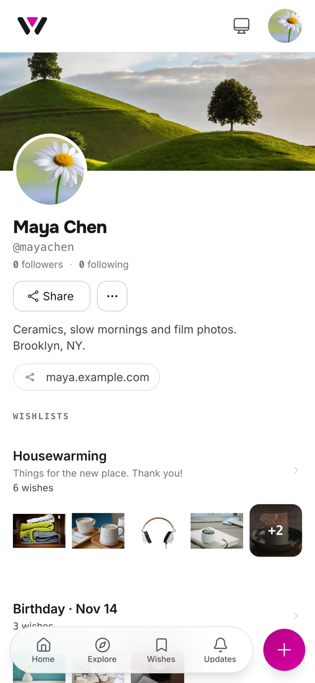 A Wishpicks profile on a phone with a cover photo, a one-line bio, a personal link and the wishlists its owner shares
