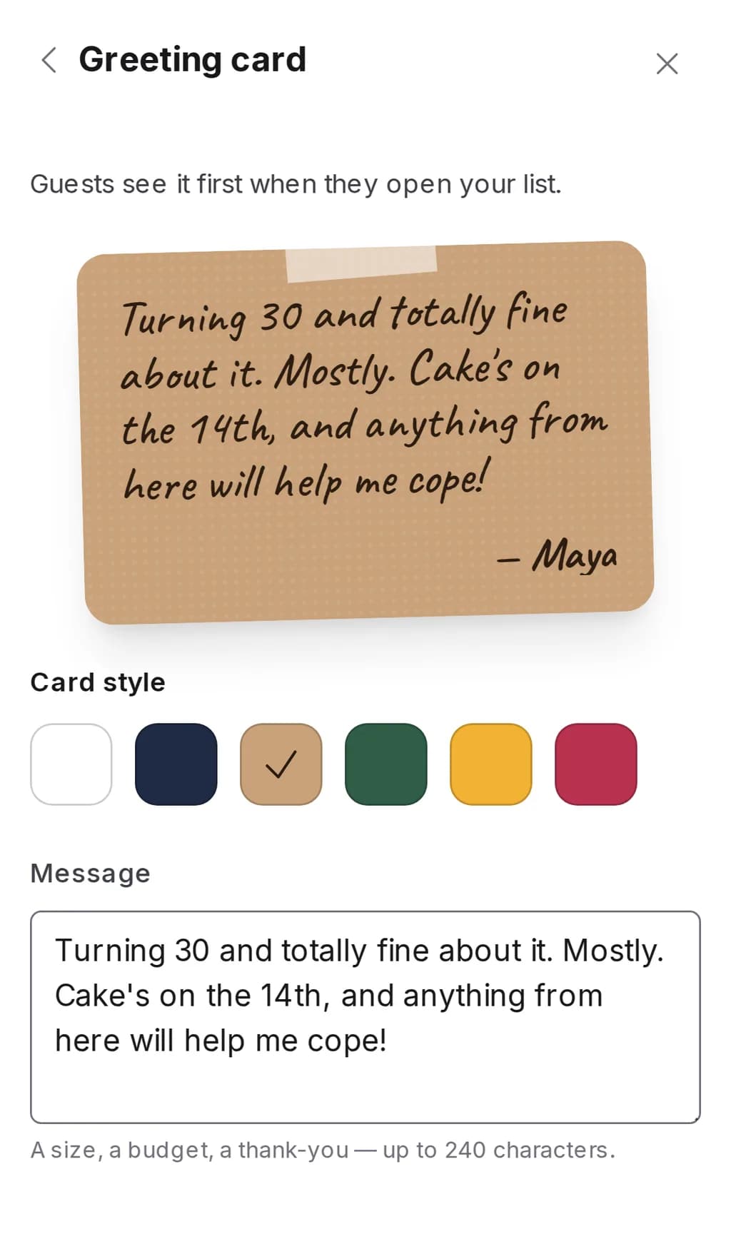 The Greeting card section of Wishpicks list settings on a phone: a live preview of the card, six card styles and a message field