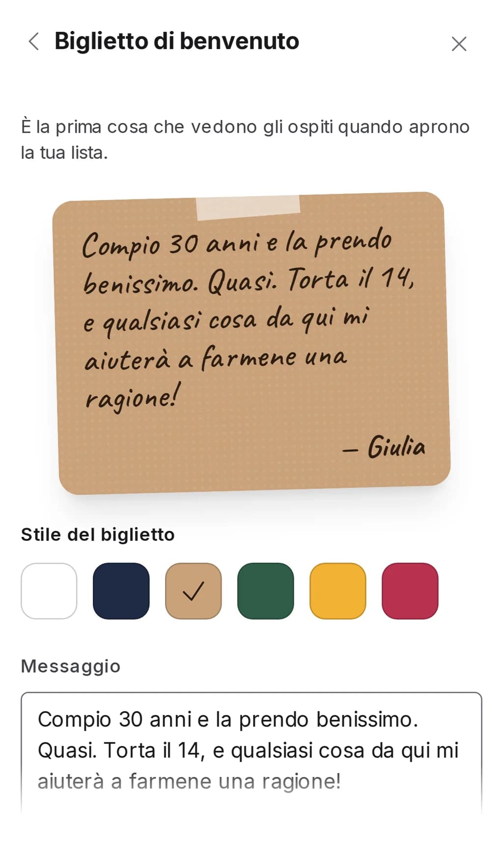 La sezione «Biglietto di benvenuto» nelle impostazioni di una lista Wishpicks su un telefono: l'anteprima del biglietto, sei stili e il campo del messaggio