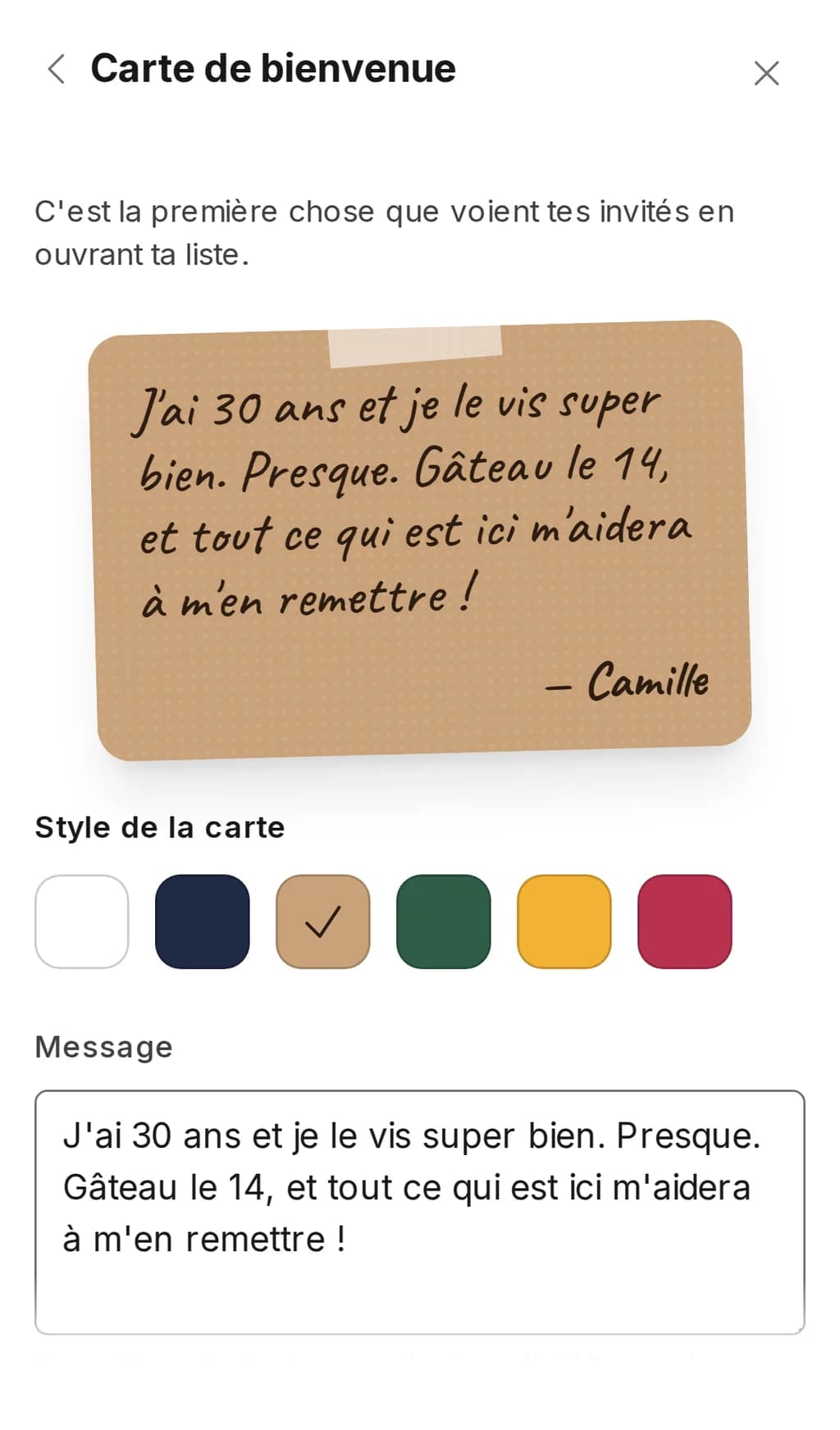 La section « Carte de bienvenue » des paramètres d'une liste Wishpicks sur un téléphone, avec l'aperçu de la carte, six styles et un champ pour le message