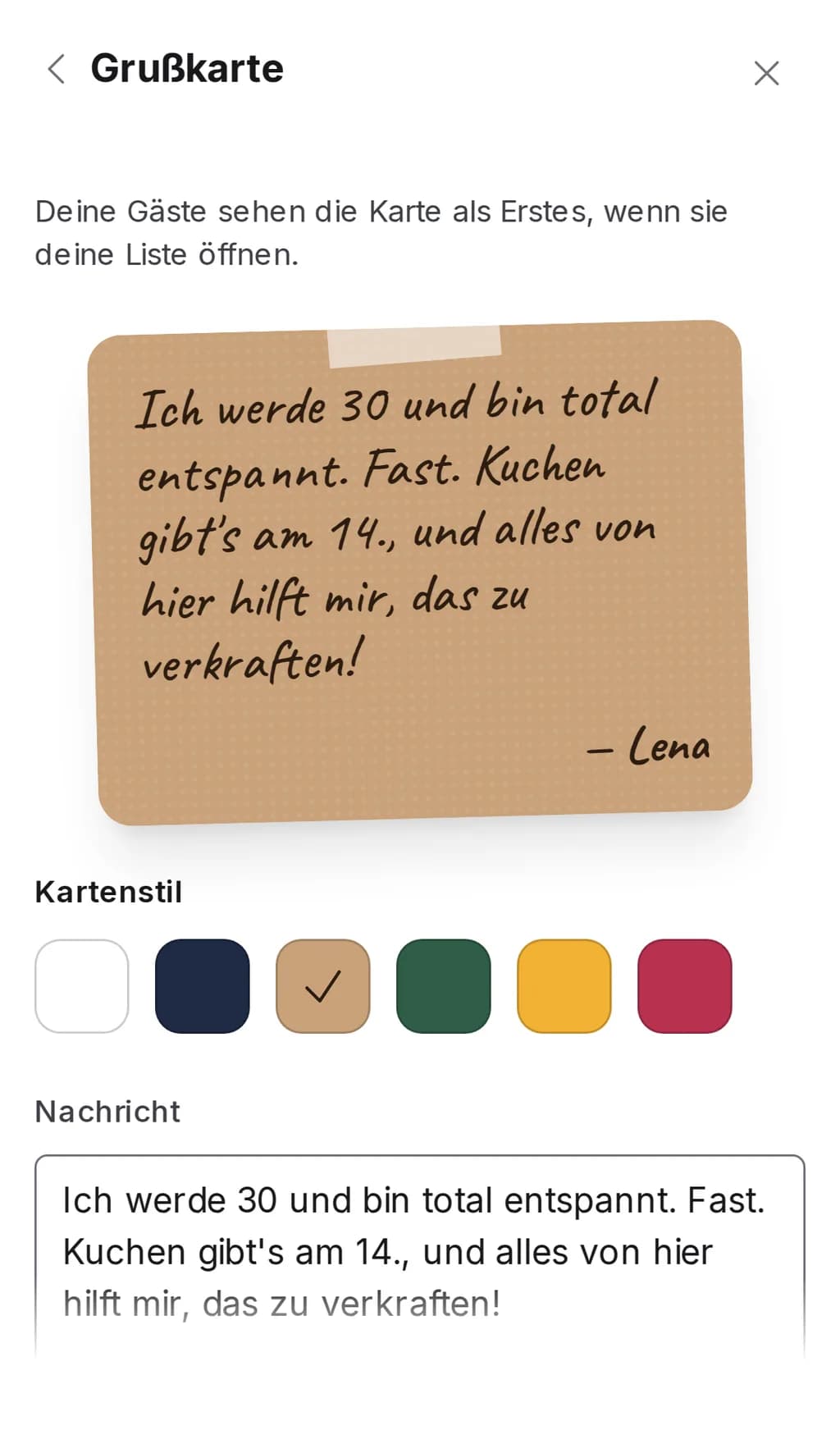 Der Bereich „Grußkarte“ in den Listeneinstellungen von Wishpicks auf dem Handy: Live-Vorschau der Karte, sechs Kartenstile und ein Textfeld