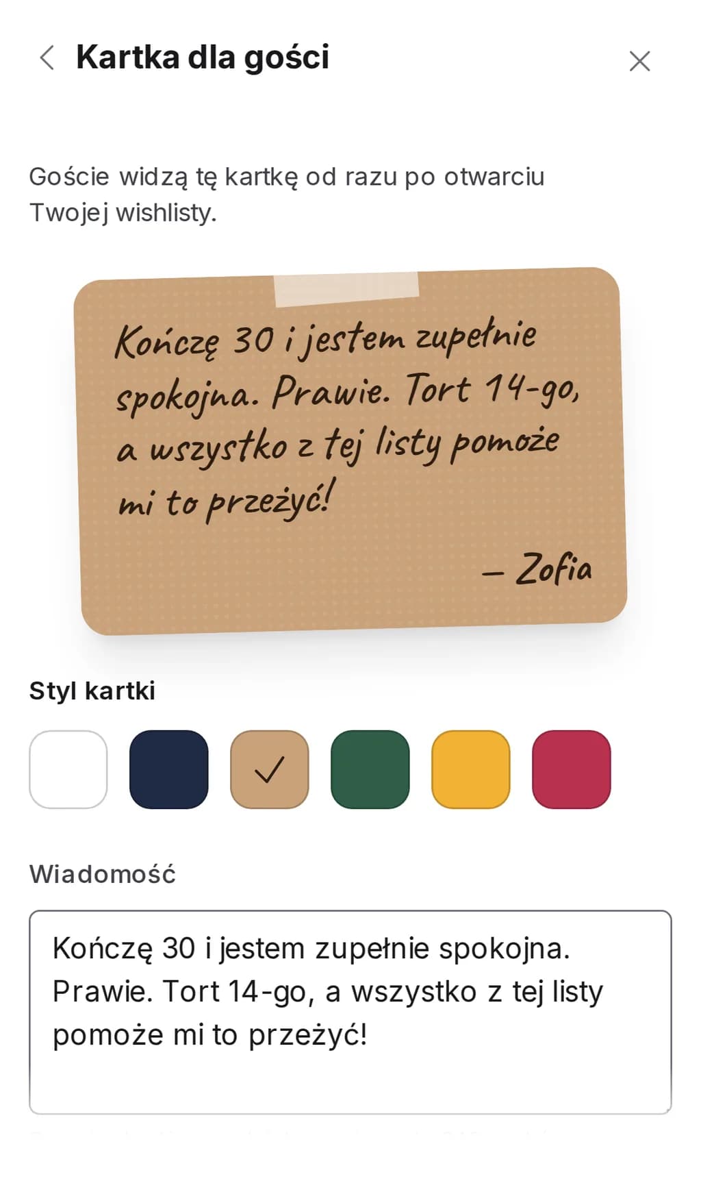 Sekcja „Kartka dla gości” w ustawieniach wishlisty Wishpicks w telefonie: podgląd kartki, sześć stylów i pole na wiadomość