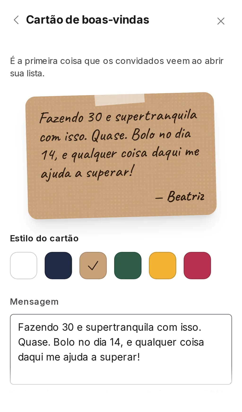 A seção “Cartão de boas-vindas” nas configurações de uma lista da Wishpicks no celular: prévia do cartão, seis estilos e o campo da mensagem
