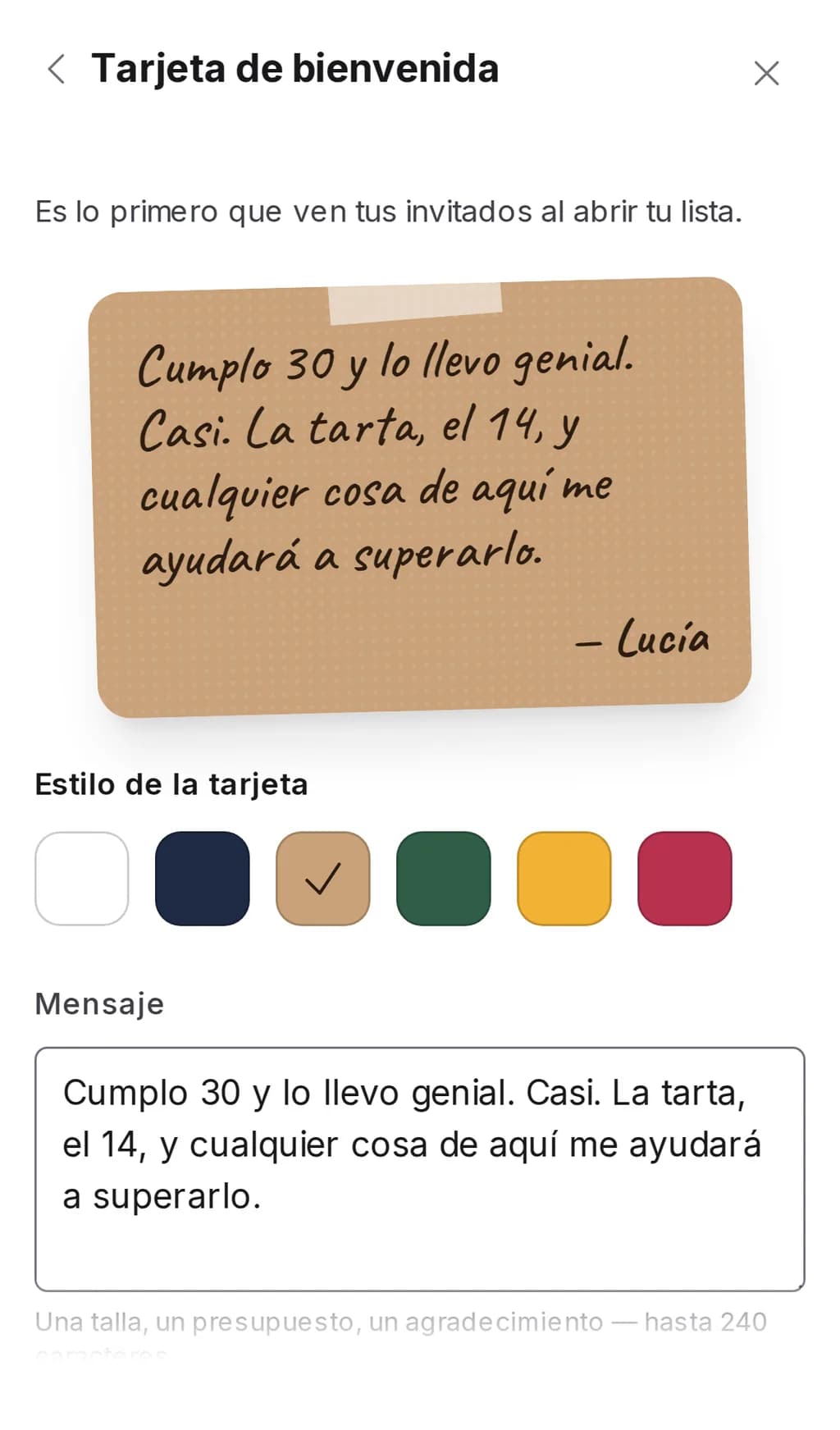 La sección «Tarjeta de bienvenida» de los ajustes de una lista de Wishpicks en el móvil: vista previa de la tarjeta, seis estilos y un campo para el mensaje