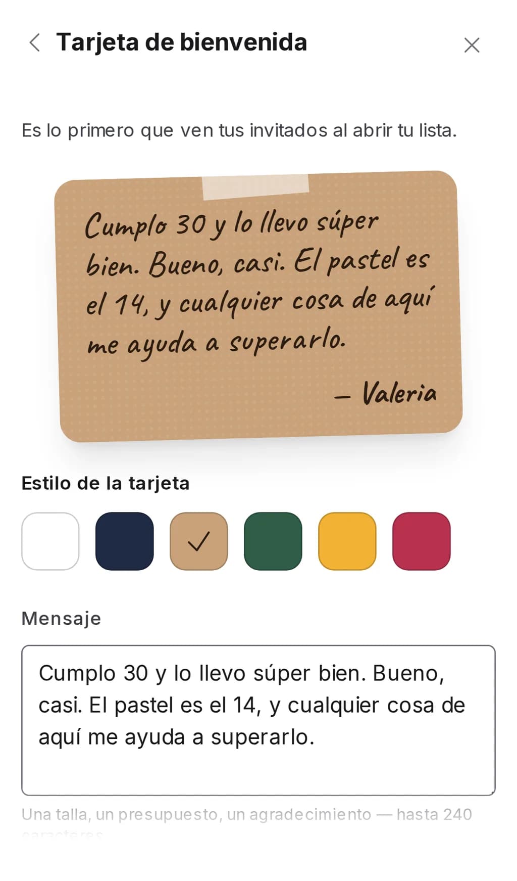 Ajustes de una lista de Wishpicks en un celular, sección “Tarjeta de bienvenida”: vista previa de la tarjeta, los seis estilos y el espacio para escribir el mensaje